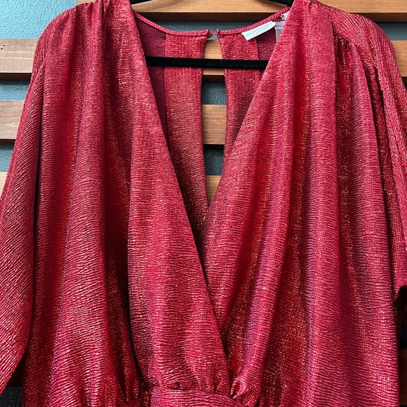 Eva Mendes Red Metallic Ruched Crossover V-Neck Midi Dress Size XL - Picture 5 of 16